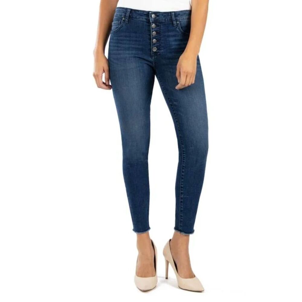 Kut from the Kloth DONNA High Rise Ankle Skinny Button Fly Raw Hem Jeans Size 12